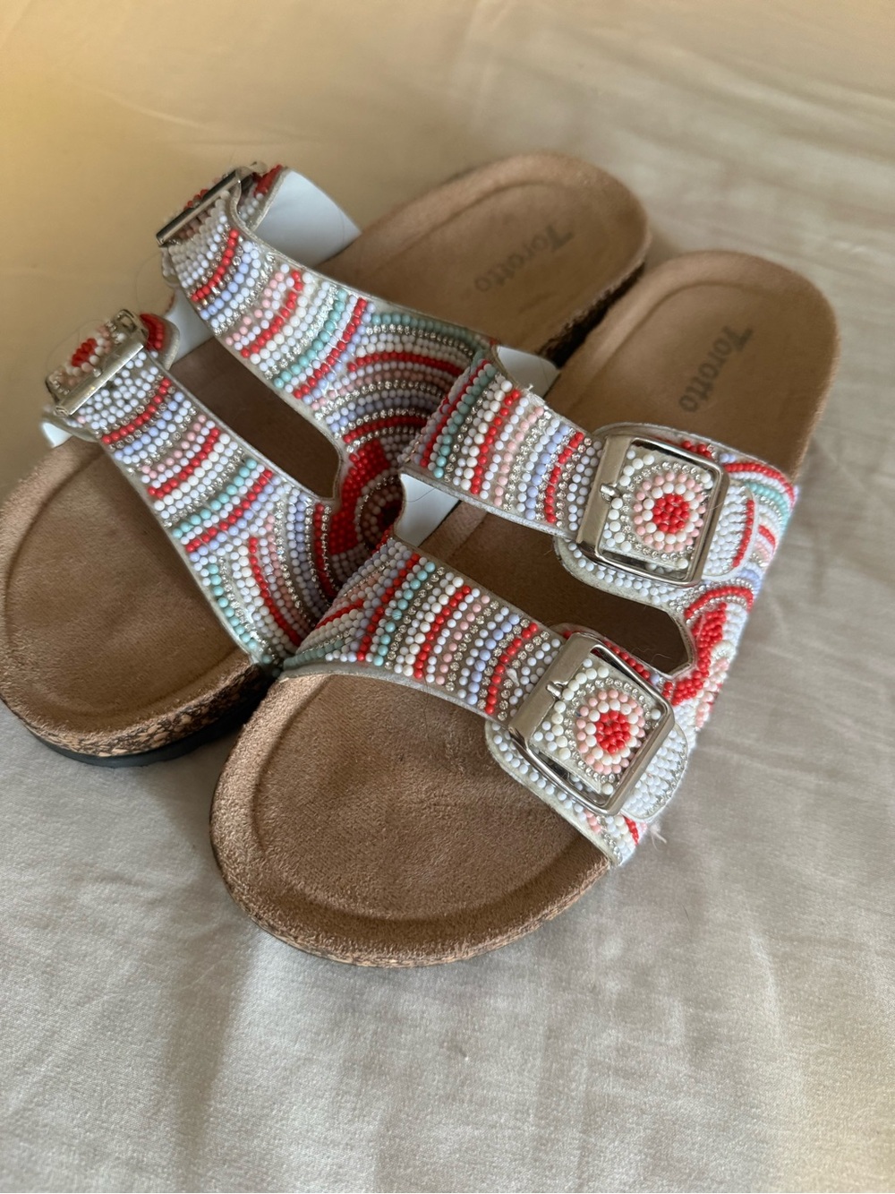 Torotto Slides, Women’s 8 Multi Color Double Ajustable Straps Cork footbed